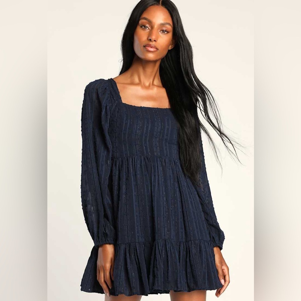 NWT LULUS Only You and I Navy Blue Long Sleeve Tie-Back Mini Skater Dress M